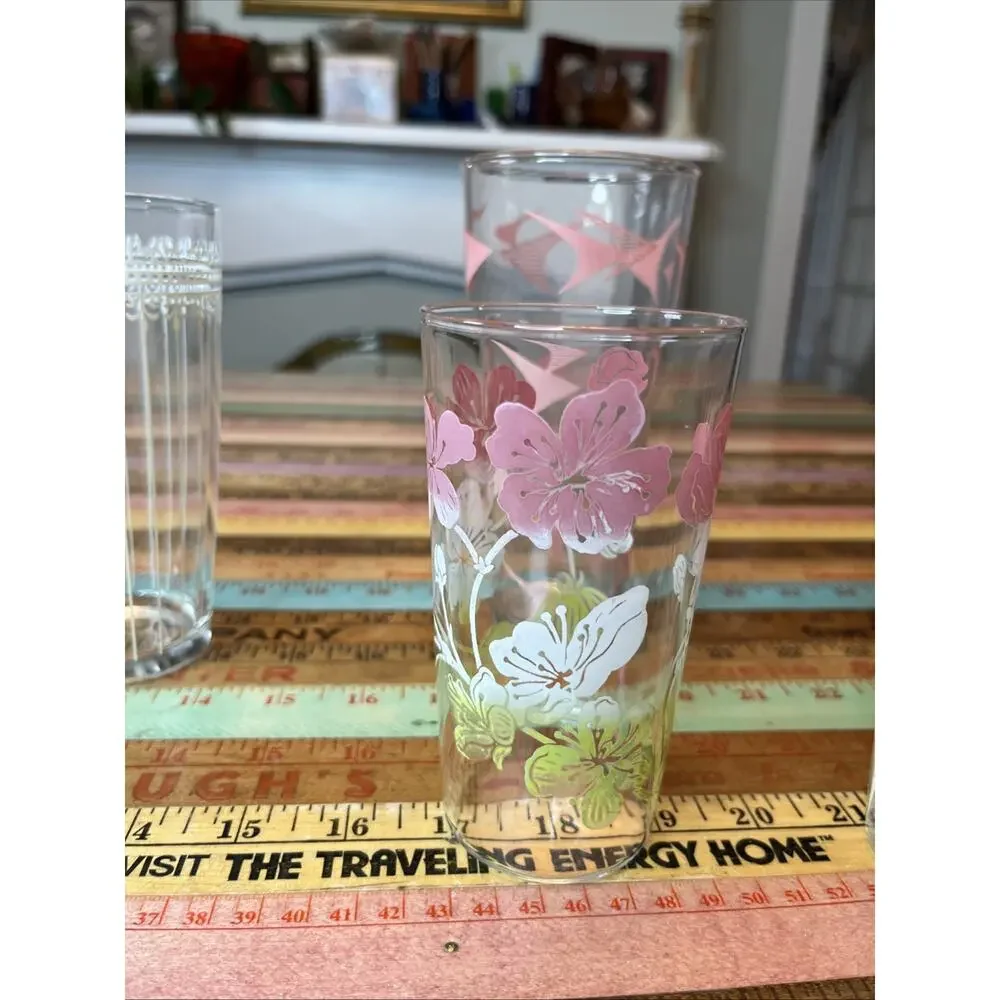 Vintage Floral Drinking Glass Lot of 6 Vintage Retro 60s MCM Tumblers Flowers